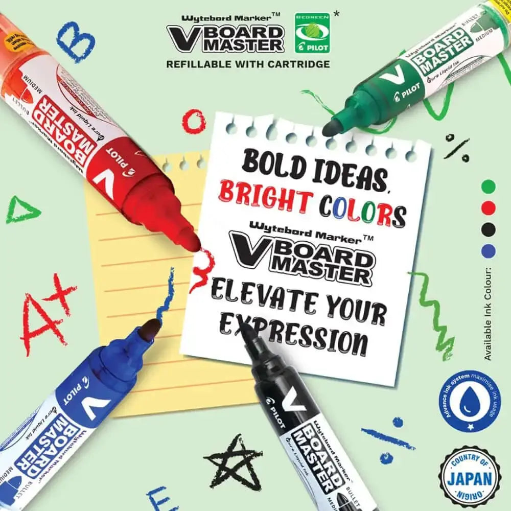 Pilot V Board Master Medium Bullet Tip White Board Marker with Replacable Tip & Ink Cartridge on colorful background.