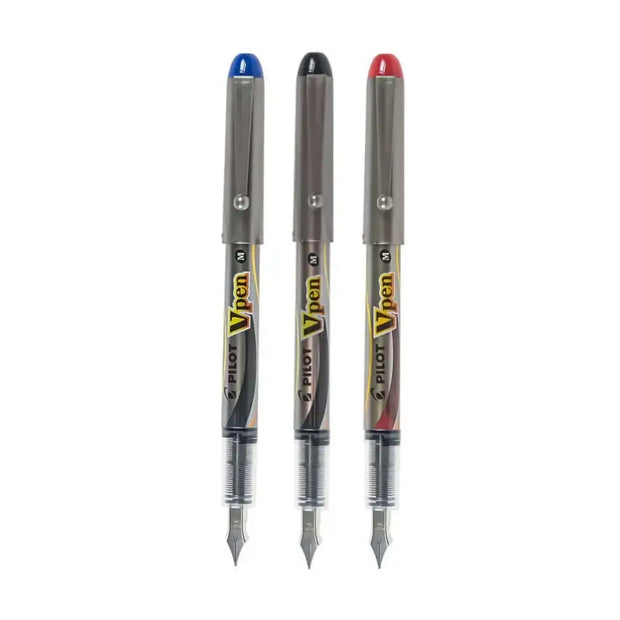 Pilot V Pen Fountain Pen Medium Point in blue, black, and red colors displaying medium nibs.