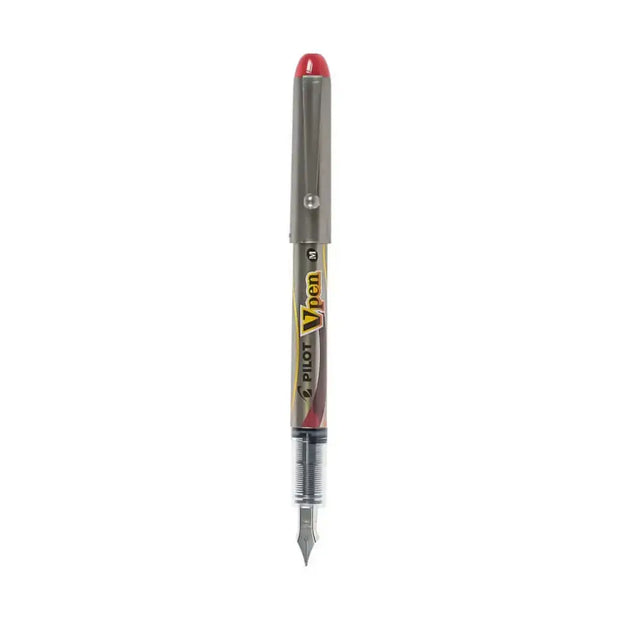 Pilot V Pen Fountain Pen Medium Point in red, featuring a 0.58mm nib and smooth ink flow.