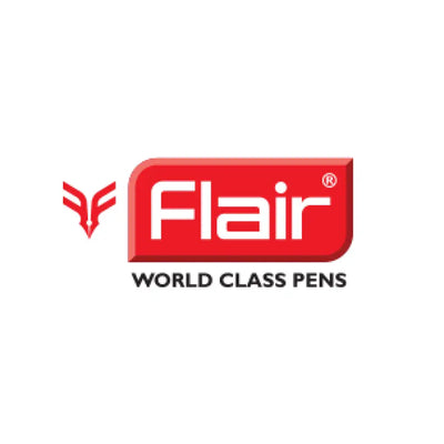 Red rectangular logo with the word ’flair’ in white, accompanied by a stylized red wing-like emblem and the tagline ’world class pens’ below.