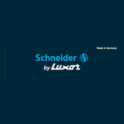 Schneider by luxottica logo in blue and white on a dark navy background.