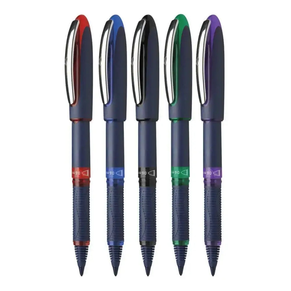 Schneider One Business 0.6MM Roller Ball Pen set in various colors including red, blue, black, green, and purple.