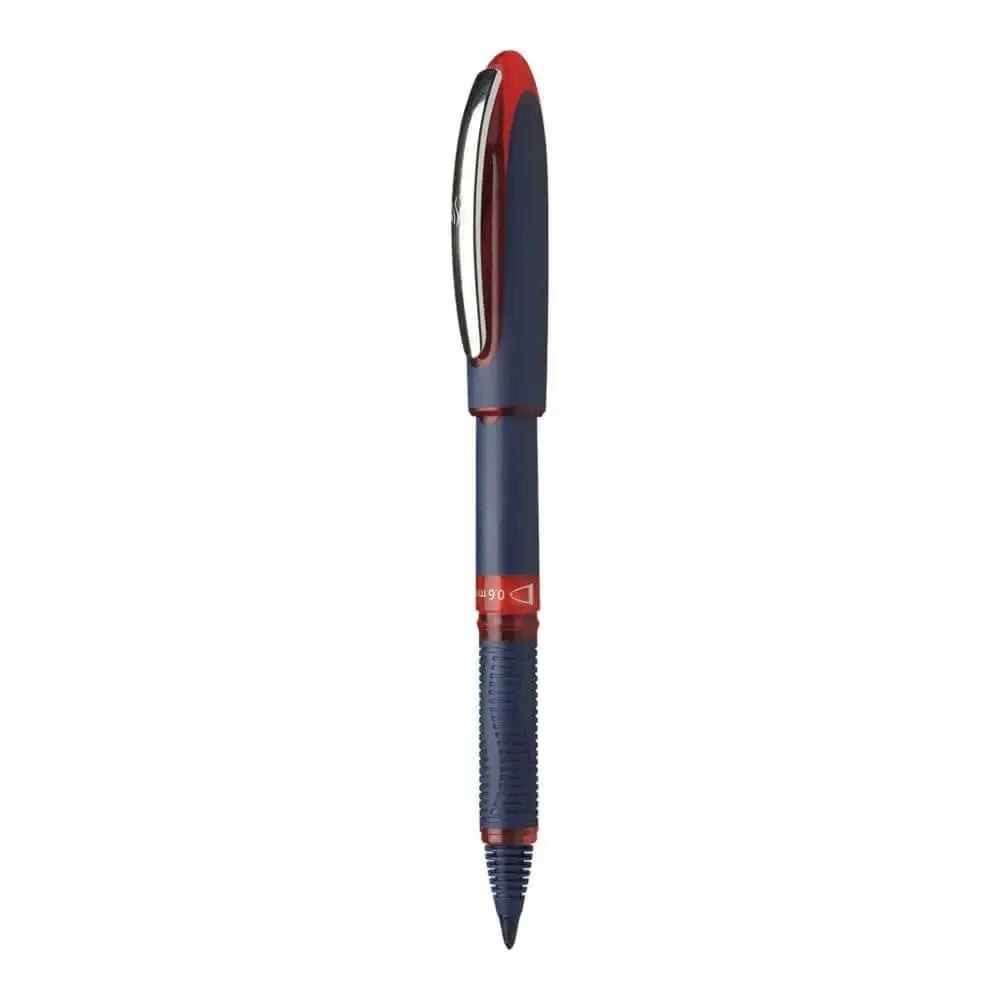 Schneider One Business 0.6MM Roller Ball Pen with blue and red design, featuring a rubber grip and metal clip.