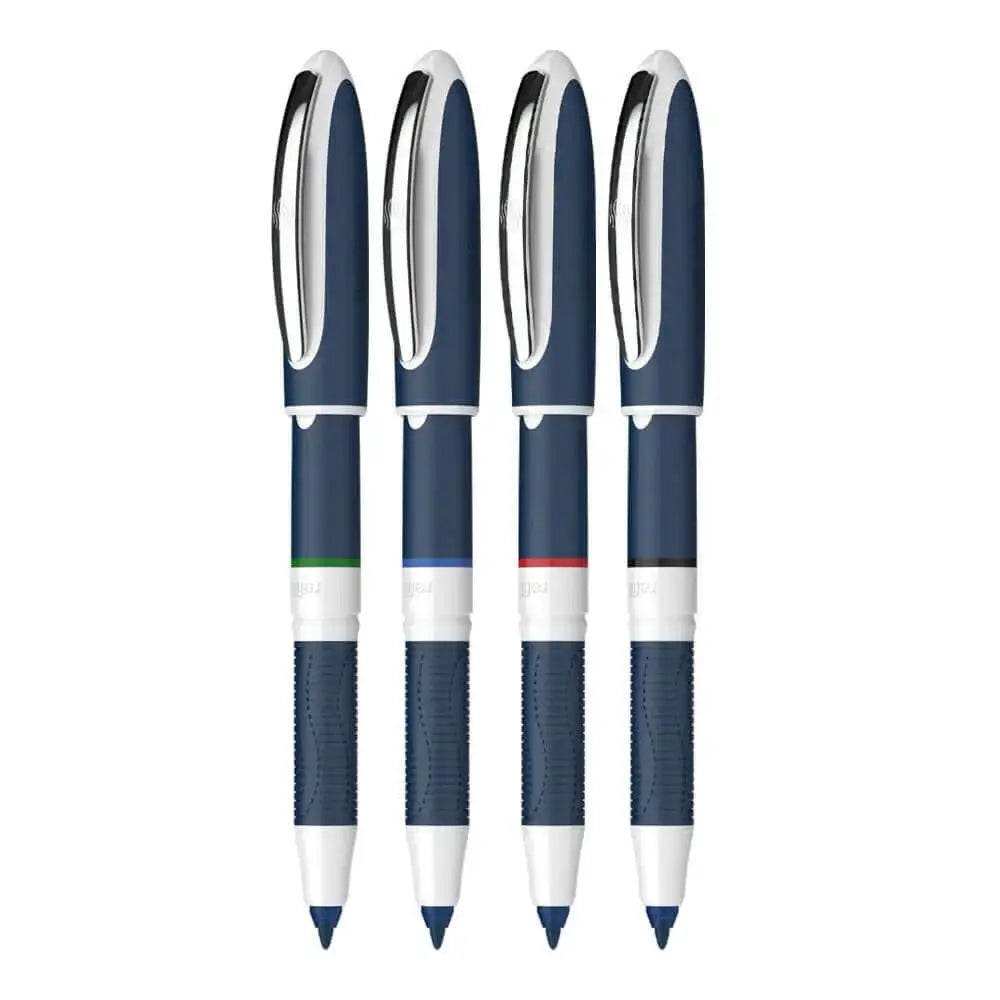Schneider One Change 0.6 MM Roller Ball Pen set in four colors with rubberized grip and chrome clip.