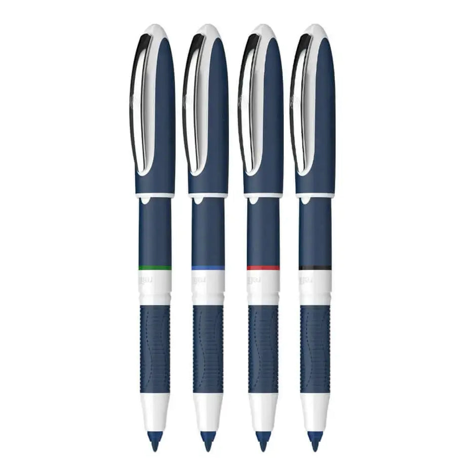 Schneider One Change 0.6 MM Roller Ball Pen set in four colors with rubberized grip and chrome clip.