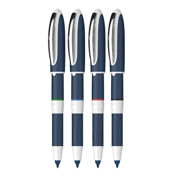 Schneider One Change 0.6 MM Roller Ball Pen set in four colors with rubberized grip and chrome clip.