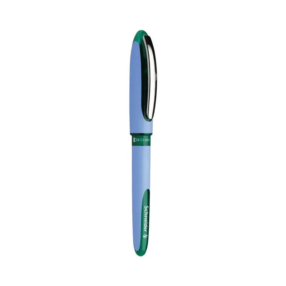 Schneider One Hybrid N MM Roller Ball Pen in blue and green with a cap and needle tip design.