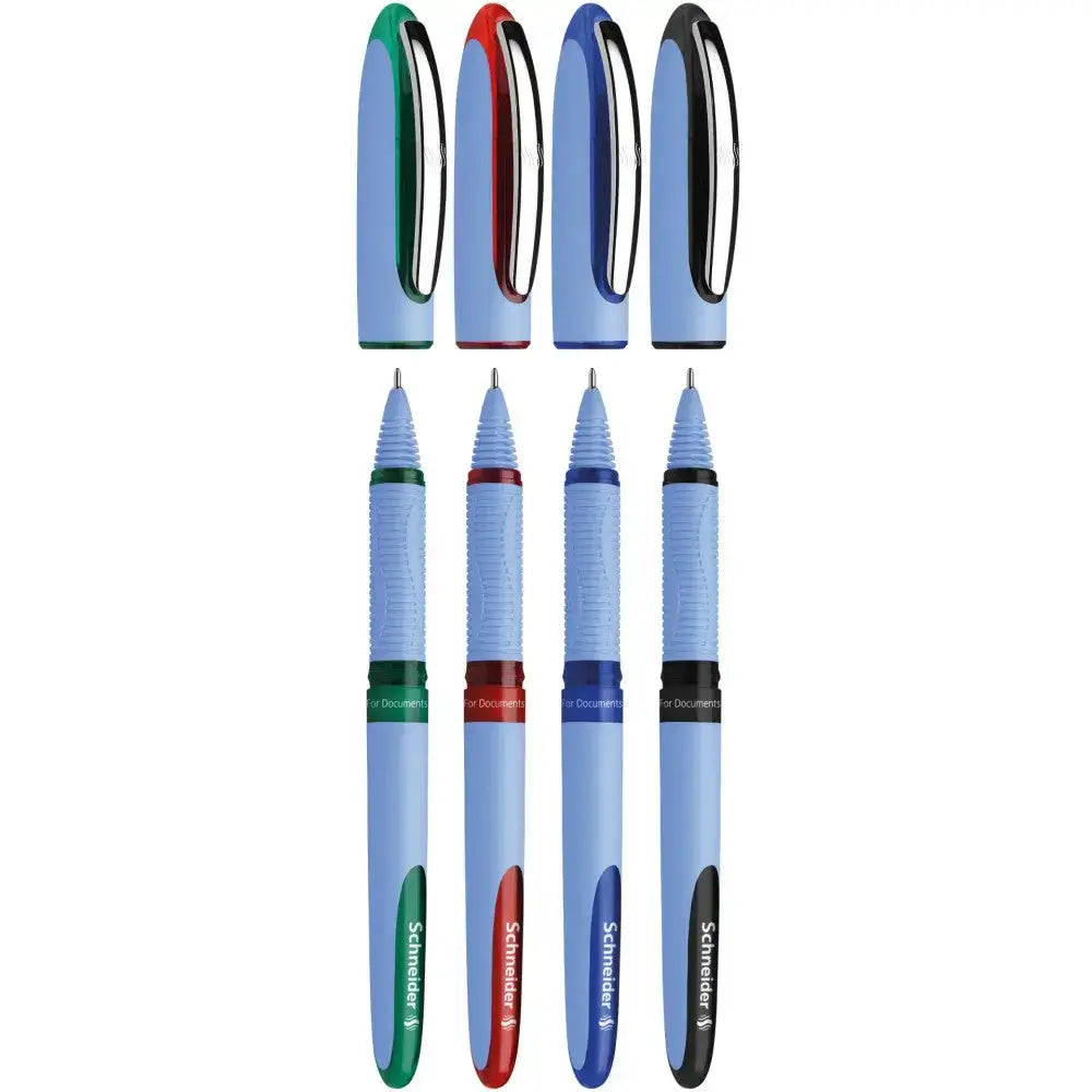 Schneider One Hybrid N MM Roller Ball Pen colorful caps and bodies featuring various color options.