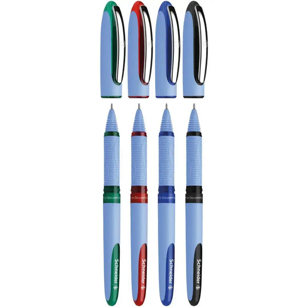 Schneider One Hybrid N MM Roller Ball Pen colorful caps and bodies featuring various color options.