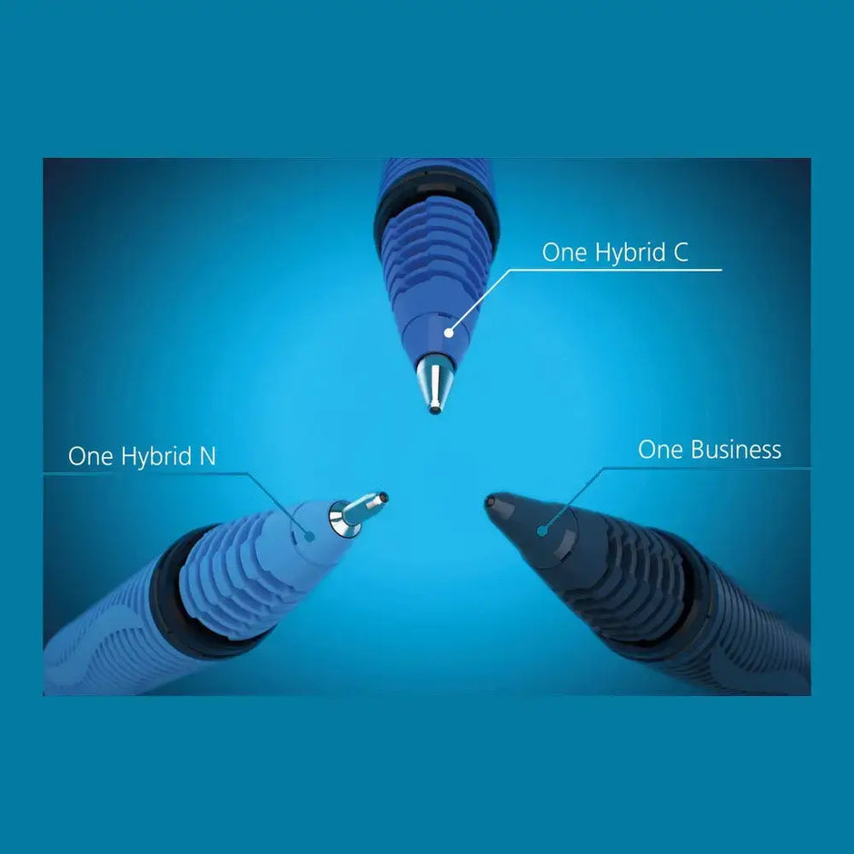 Schneider One Hybrid N MM Roller Ball Pen featured alongside One Hybrid C and One Business pens on a blue background.