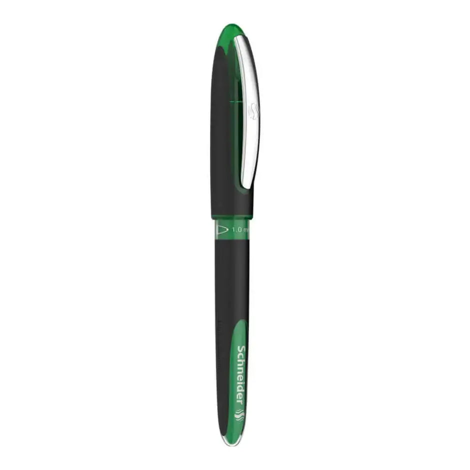 Schneider One Sign 0.8 MM Roller Ball Pen displayed with a sleek black and green design.