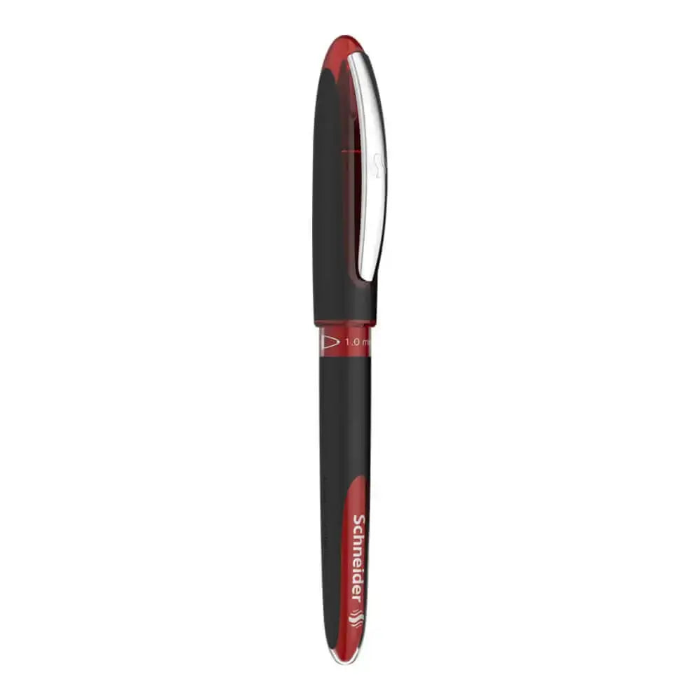 Schneider One Sign 0.8 MM Roller Ball Pen in black and red design, showcasing its smooth writing capabilities.