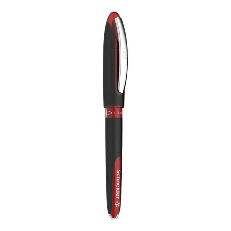 Schneider One Sign 0.8 MM Roller Ball Pen in black and red design, showcasing its smooth writing capabilities.