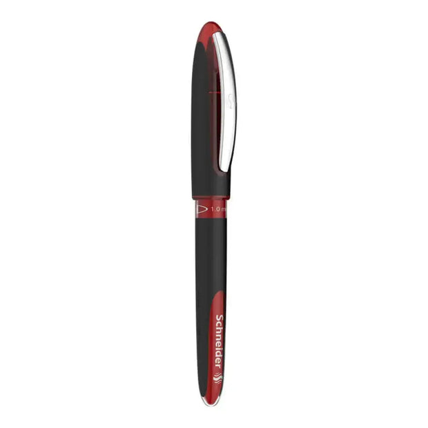 Schneider One Sign 0.8 MM Roller Ball Pen in black and red design, showcasing its smooth writing capabilities.