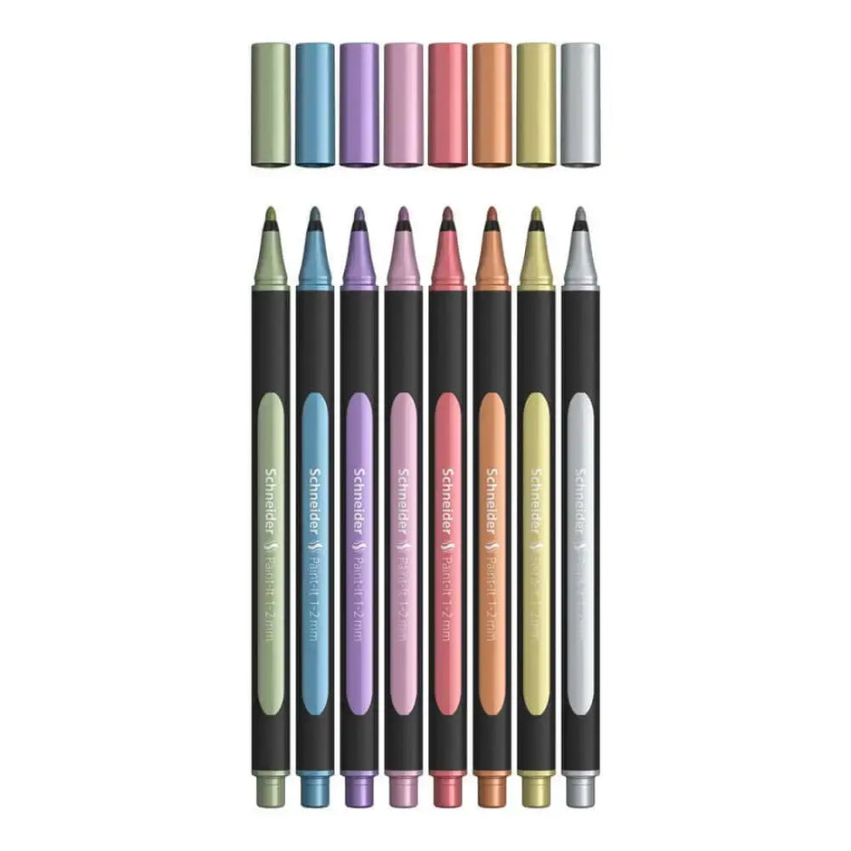 Schneider Paint-it 020 Metallic Liner Pens in vibrant colors for DIY projects, handlettering, and bullet journaling.