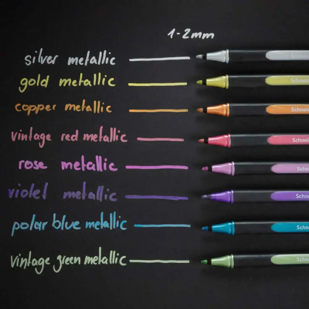Schneider Paint-it 020 Metallic Liner Pens showcasing silver, gold, copper, vintage red, rose, violet, polar blue, vintage green metallic colors.