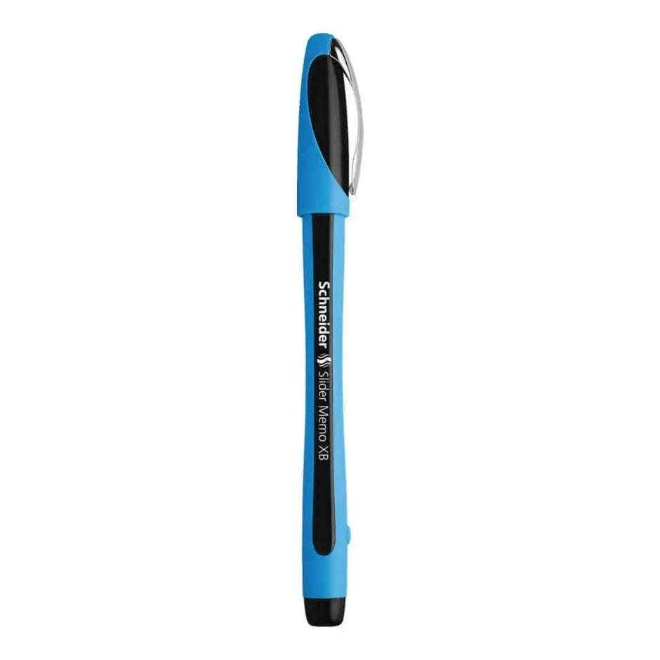Schneider Slider Memo XB Ball Point Pen in blue with ergonomic design and sturdy clip.