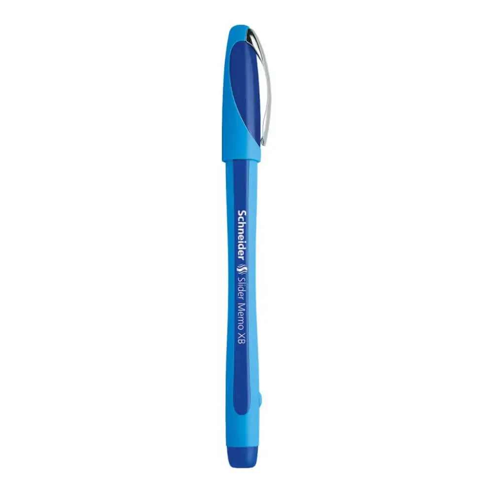 Schneider Slider Memo XB Ball Point Pen in blue with rubberized barrel and shiny metal clip.