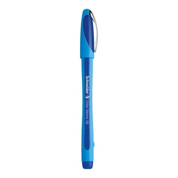 Schneider Slider Memo XB Ball Point Pen in blue with rubberized barrel and shiny metal clip.