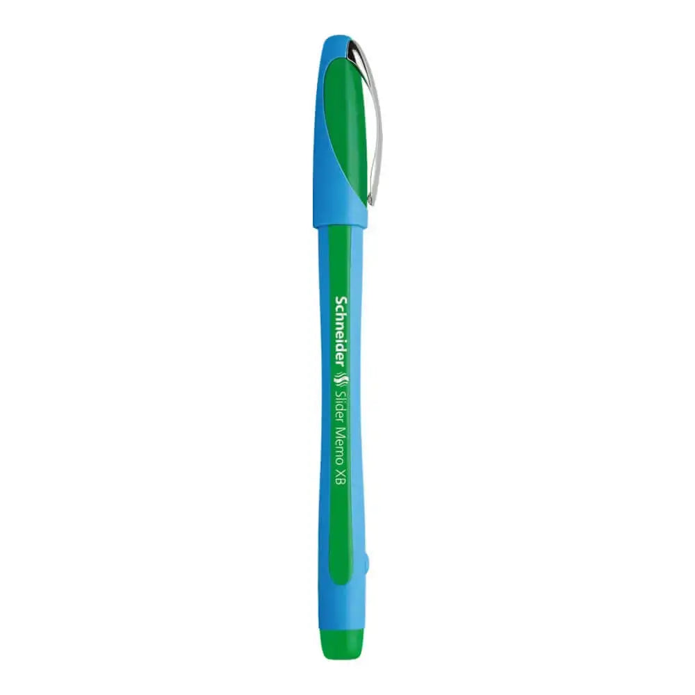Schneider Slider Memo XB Ball Point Pen in blue and green, featuring ergonomic design and smooth writing technology.