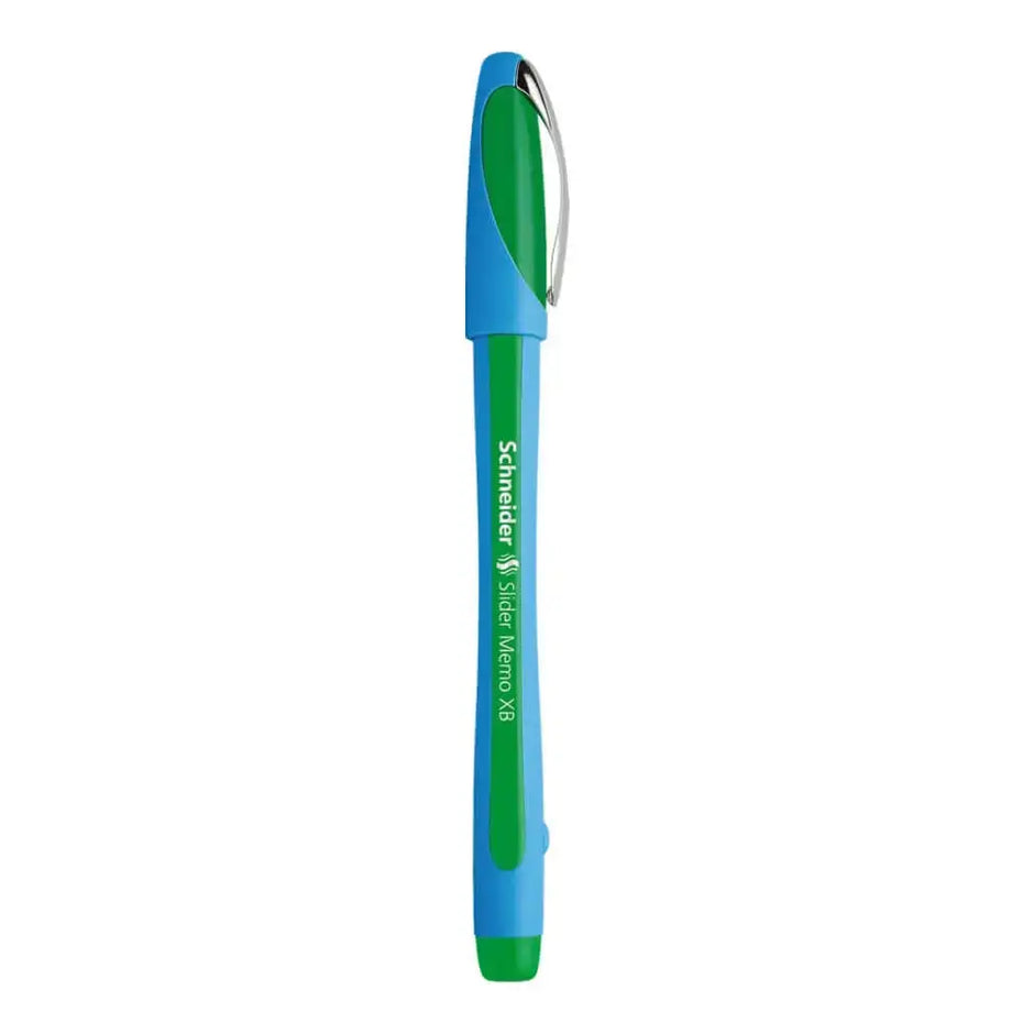 Schneider Slider Memo XB Ball Point Pen in blue and green, featuring ergonomic design and smooth writing technology.