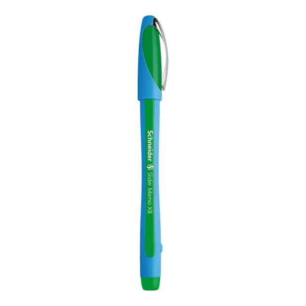 Schneider Slider Memo XB Ball Point Pen in blue and green, featuring ergonomic design and smooth writing technology.