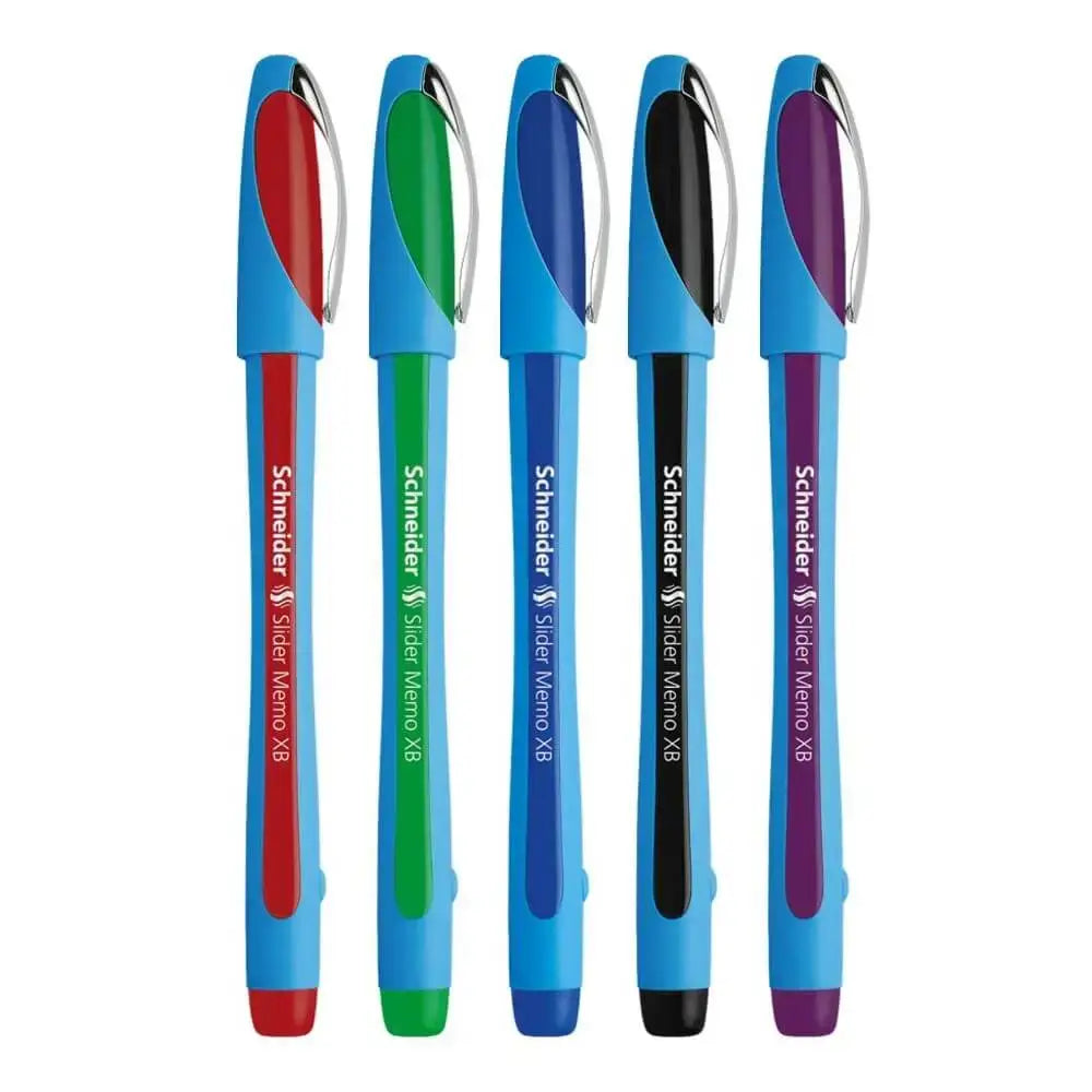 Schneider Slider Memo XB Ball Point Pen in red, green, blue, black, and purple for eco-friendly writing.