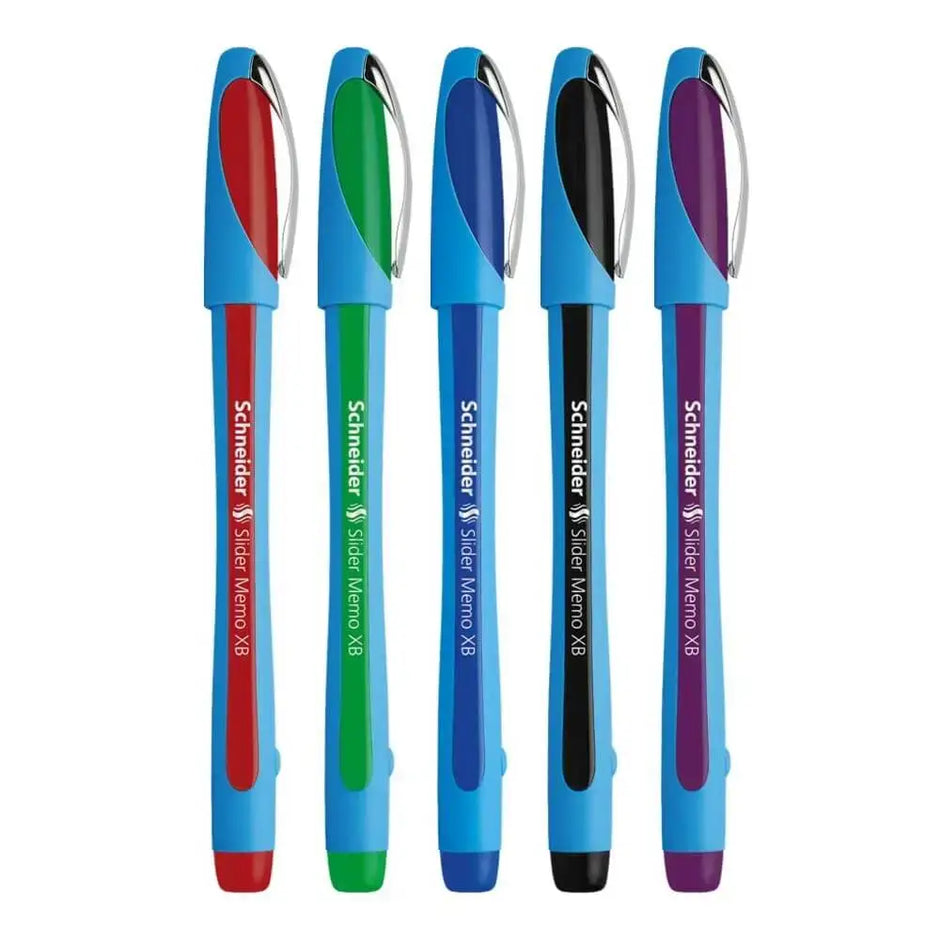 Schneider Slider Memo XB Ball Point Pen in red, green, blue, black, and purple for eco-friendly writing.