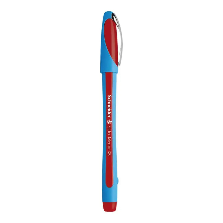 Schneider Slider Memo XB Ball Point Pen in blue and red color with ergonomic design and metal clip.