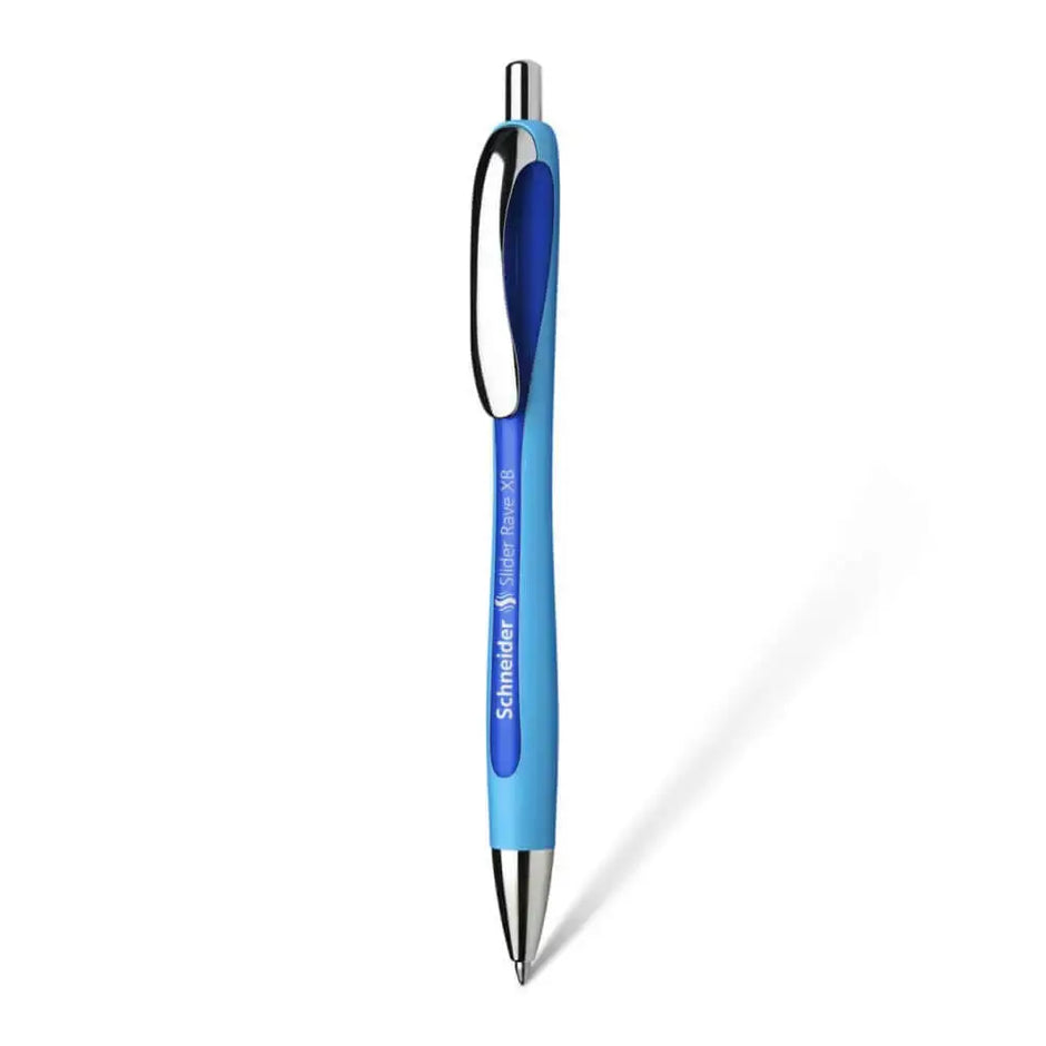 Schneider Slider Rave XB Ball Point Pen in blue, featuring a comfortable rubberized barrel.