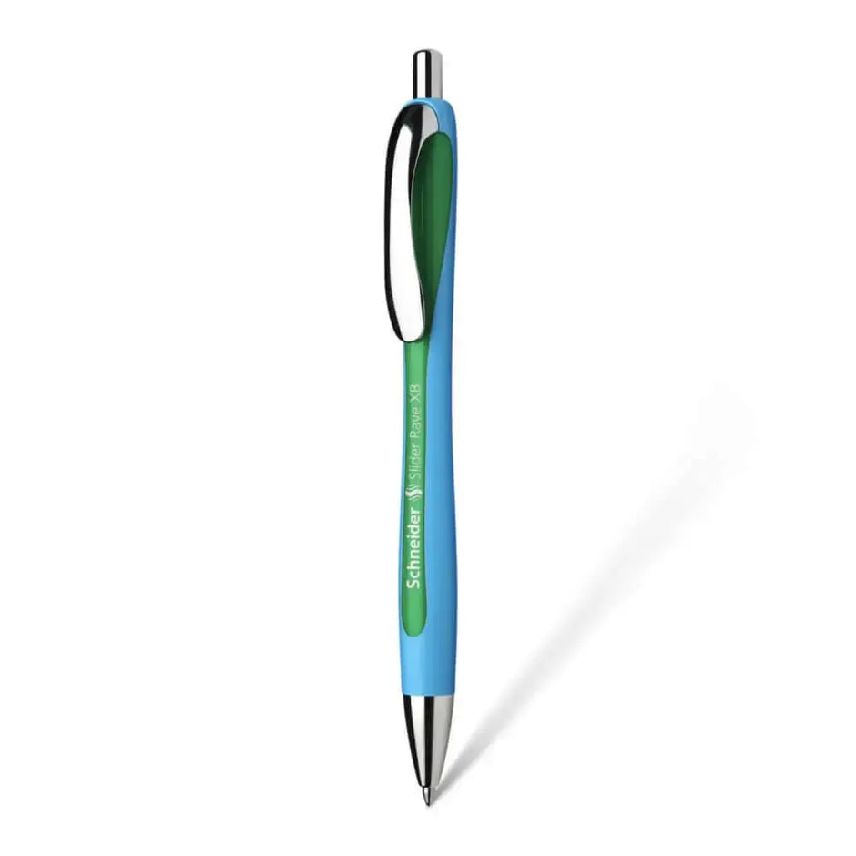 Schneider Slider Rave XB Ball Point Pen in blue and green with ergonomic grip and stainless steel tip.