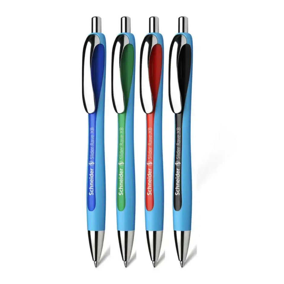 Schneider Slider Rave XB Ball Point Pen in four colors: blue, green, red, and black.
