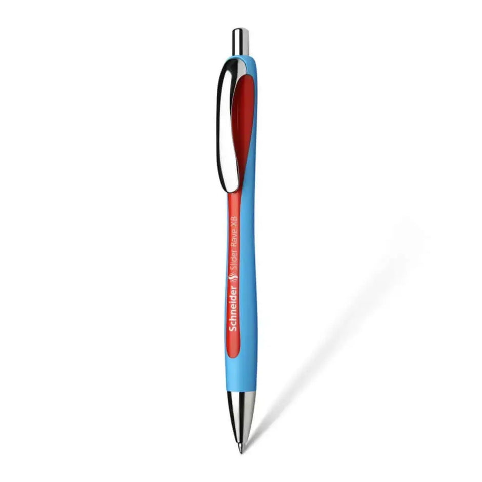 Schneider Slider Rave XB Ball Point Pen in blue and red design, eco-friendly and ergonomic for comfortable writing.