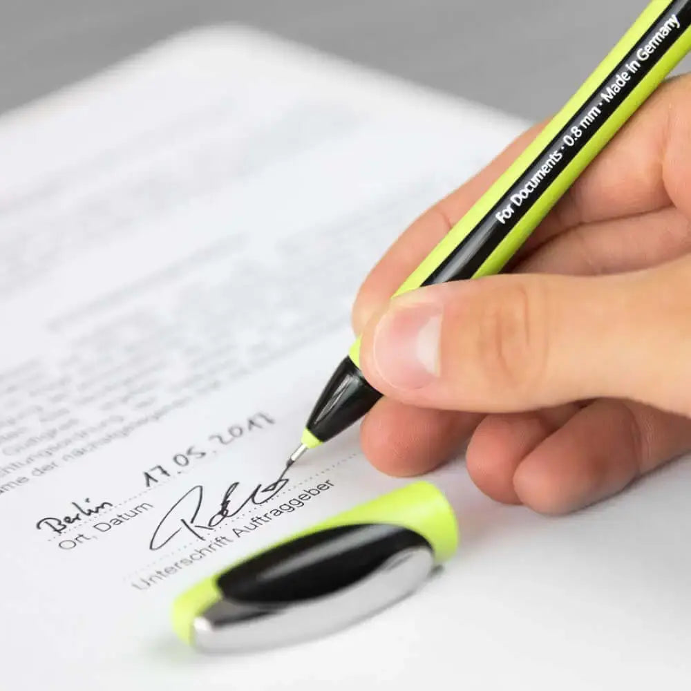 Schneider Xpress Fineliner 0.8 MM Pen signing a document with a hand, featuring a vibrant design.