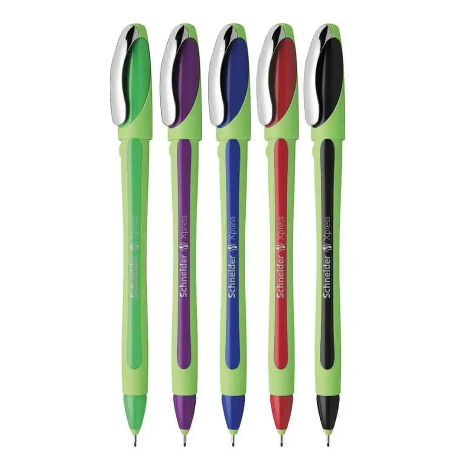 A collection of Schneider Xpress Fineliner 0.8 MM Pens in various colors on a white background.