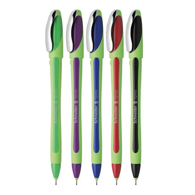A collection of Schneider Xpress Fineliner 0.8 MM Pens in various colors on a white background.
