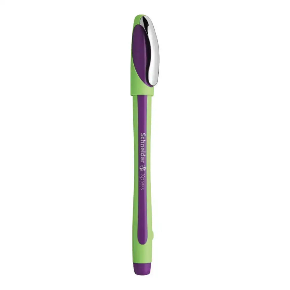 Schneider Xpress Fineliner 0.8 MM Pen in green and purple with ergonomic design and cap-off ink feature.