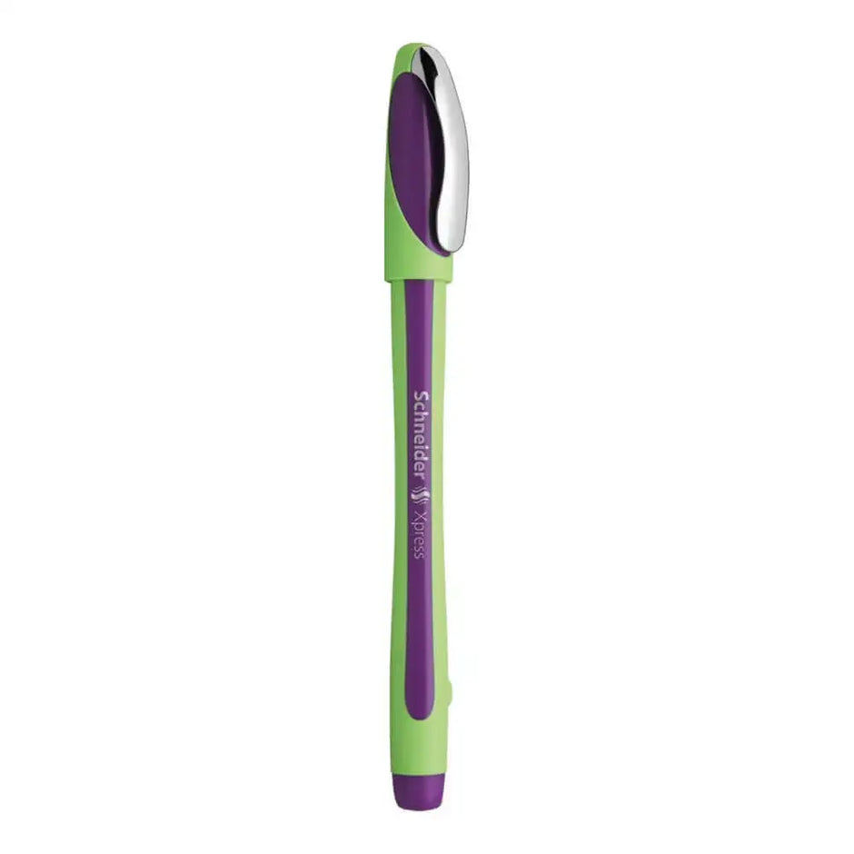Schneider Xpress Fineliner 0.8 MM Pen in green and purple with ergonomic design and cap-off ink feature.