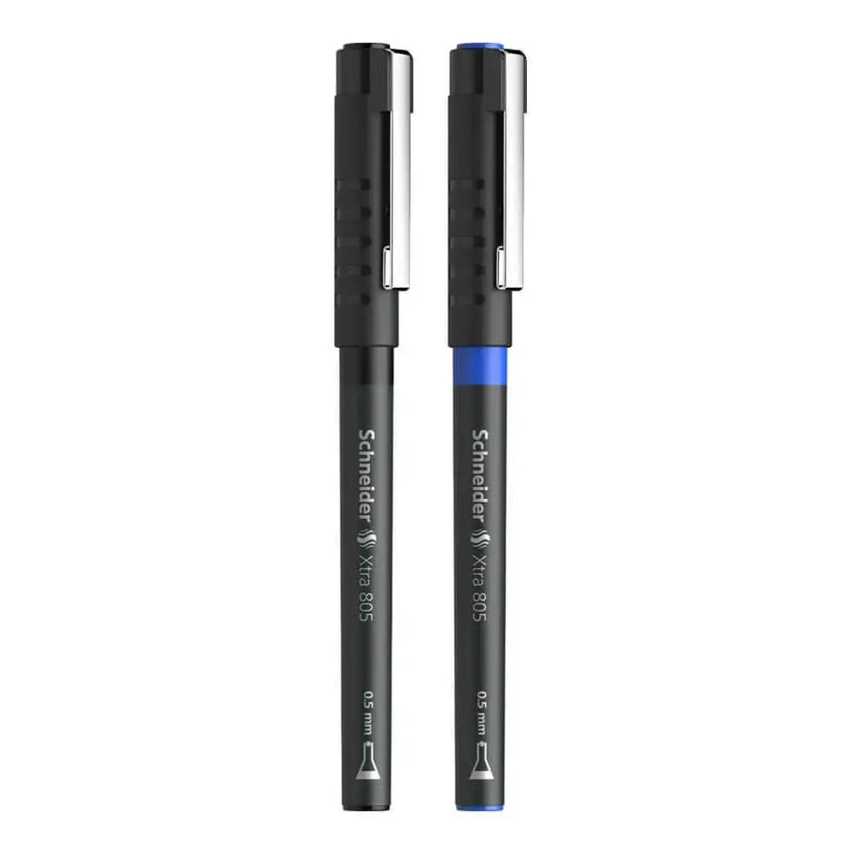 Schneider Xtra 805 0.5 MM Roller Ball Pen in black and blue, showcasing Liquid-Ink technology.