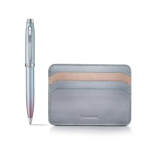 Sheaffer Expressions 100 9376 Blue and Pink Ball Pen with Leather Credit Card Holder - Gift Set