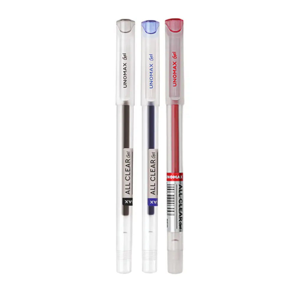 Unomax All Clear Gel Pen | Waterproof Ink | Ink Colour - Blue Black and Red - Gel Pens