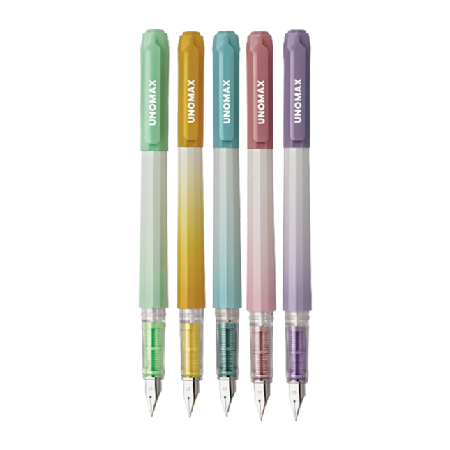 Unomax Java Fountain Pen | Includes 2 Ink Cartridges in a variety of colors displayed together.