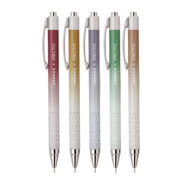 Unomax Electra Retractable Ball Pen | Ink Colour - Blue and Black with other color variants displayed.