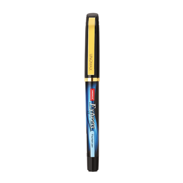 Unomax Express Gold Fountain Pen | Includes 3 Ink Cartridges and 1 Converter with gold clip and blue barrel.