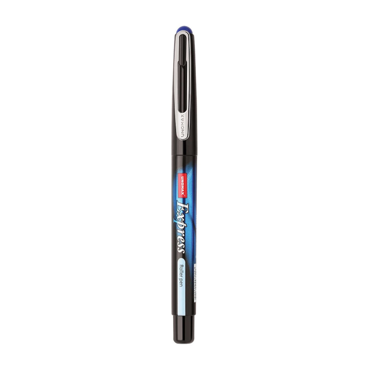 Black Unomax Express roller ball pen with blue and silver design