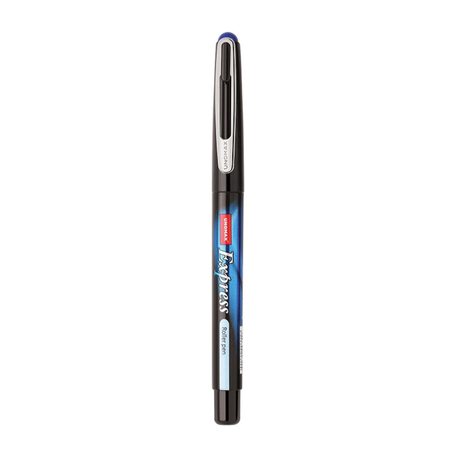 Black Unomax Express roller ball pen with blue and silver design