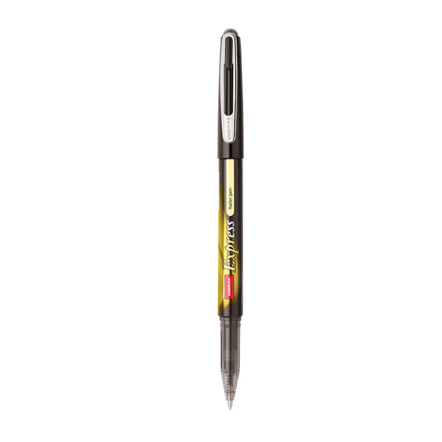 Unomax Express black and gold roller pen with blue ink, transparent barrel