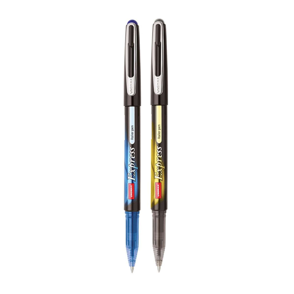 Unomax Express rollerball pens in blue and black ink, blue and gold barrels