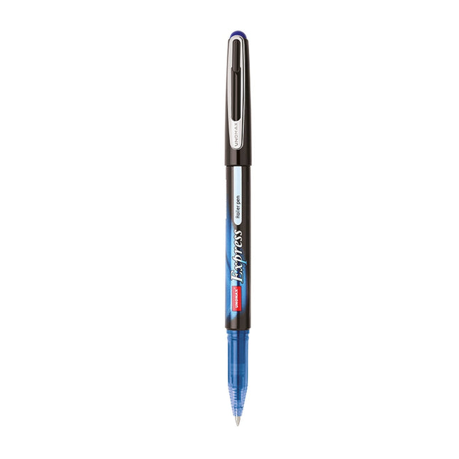 Sleek black and blue Unomax Express rollerball pen with silver clip