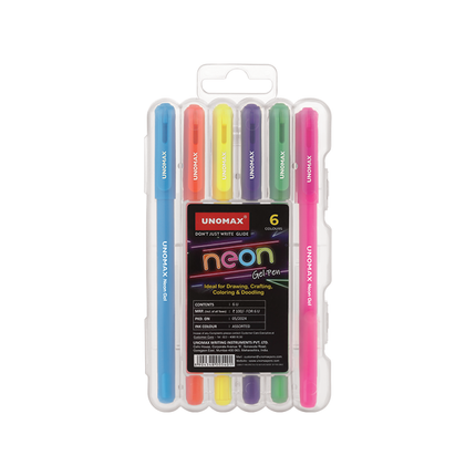 Unomax Neon Gel Pens | Set of 6 Colour Pens in a clear package showcasing vibrant colors for crafting and doodling.